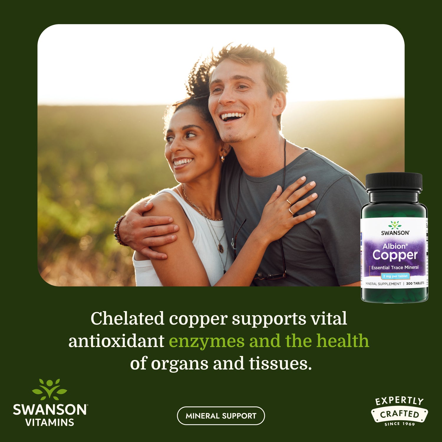 SW223 | Couple embraces outdoors with Swanson Albion Copper bottle and copper support message