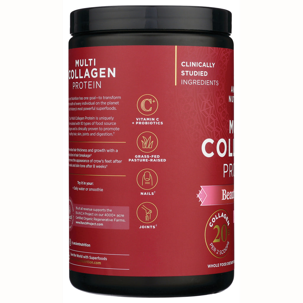ATN045 | Red Multi Collagen Protein label showing icons for vitamin C + probiotics, grass-fed, nails and joints - Thumbnail