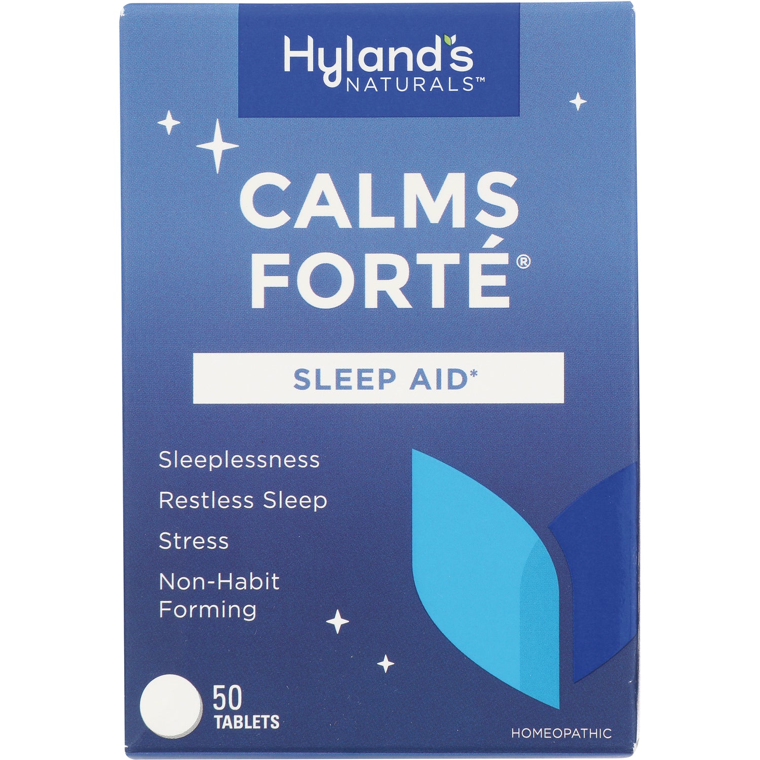HY243 | Hyland's Naturals Calms Forte sleep aid box labeled SLEEP AID and 50 tablets front packaging