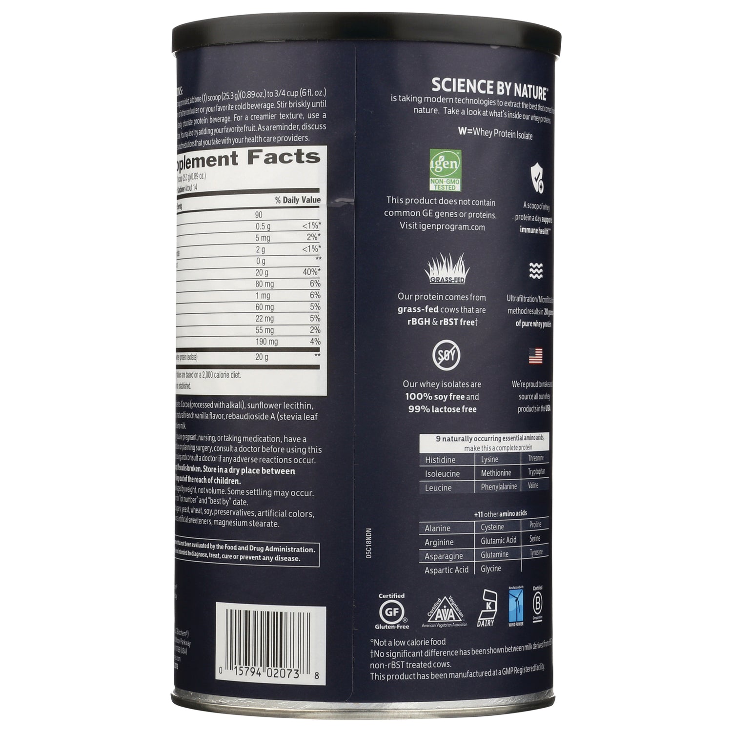 CRL589 | back of navy supplement can showing supplement facts panel, barcode, nutrition facts and certification icons