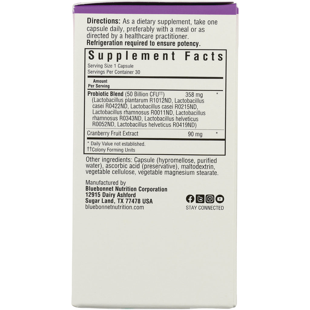 BLU149 | Back label showing Supplement Facts, probiotic blend, cranberry extract and other ingredients - Thumbnail