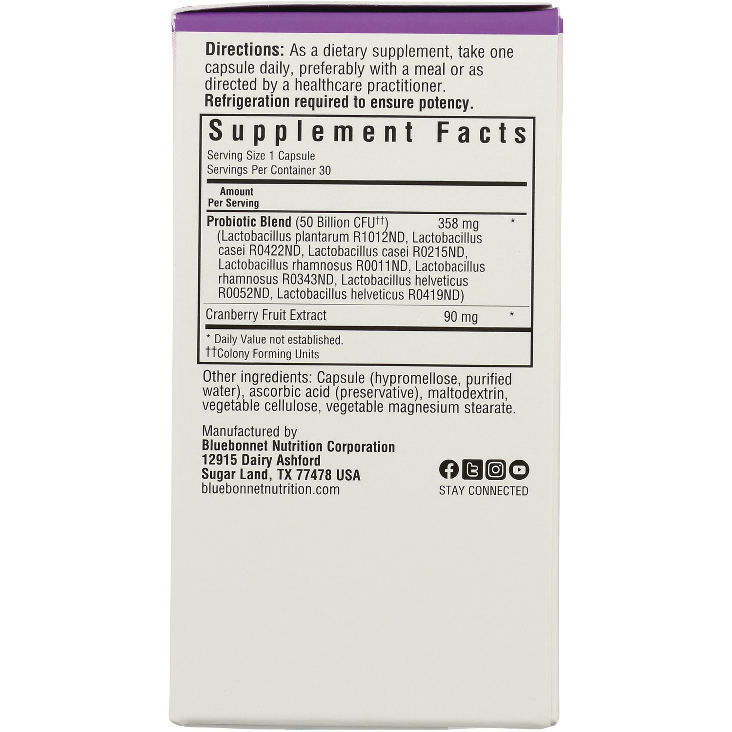 BLU149 | Back label showing Supplement Facts, probiotic blend, cranberry extract and other ingredients