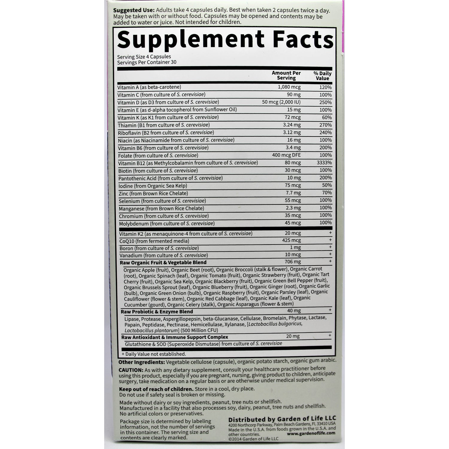 GLF035 | Supplement Facts back panel showing vitamins, minerals, serving size, and ingredient list