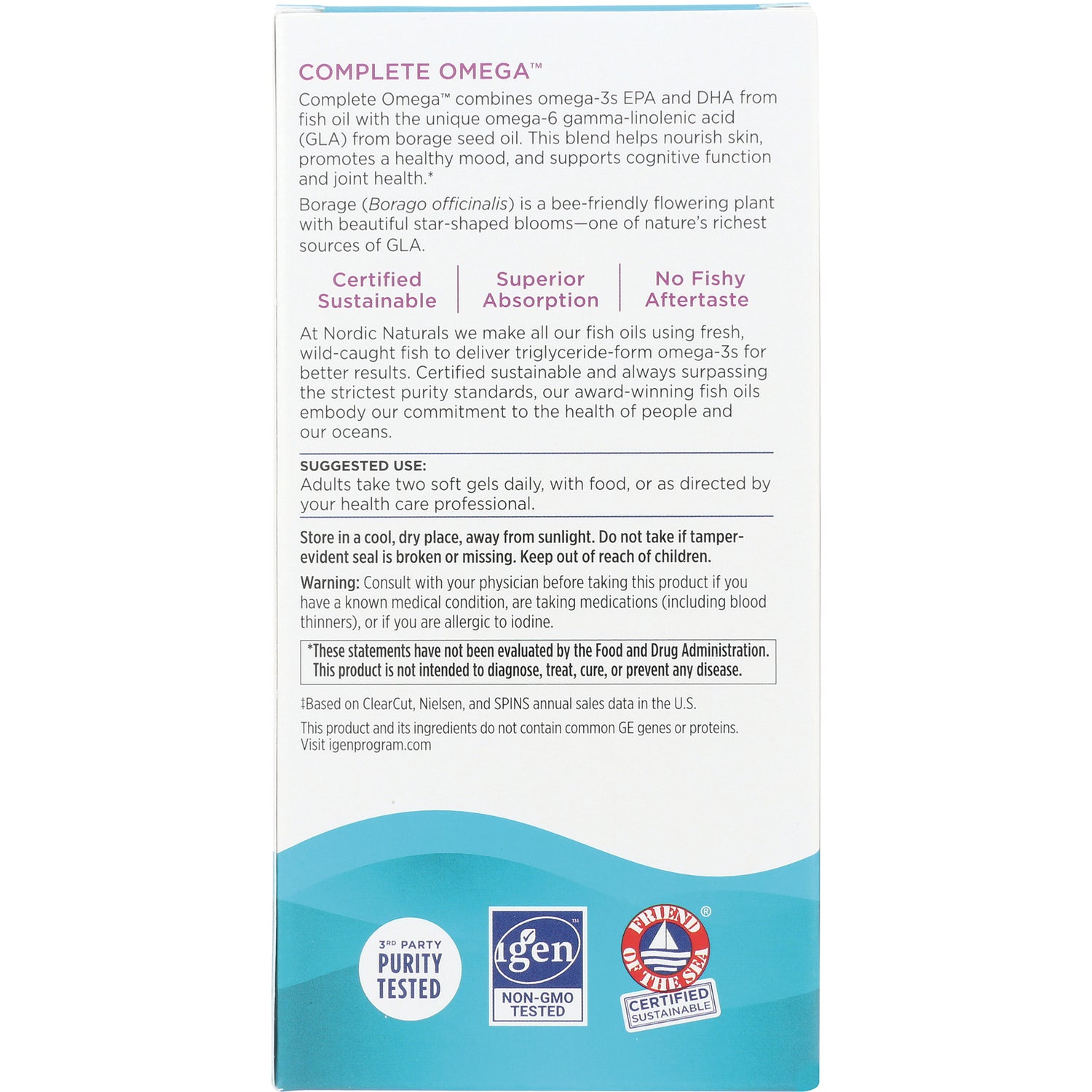 NRN008 | Back panel showing Complete Omega product description, suggested use, warnings, and certification icons