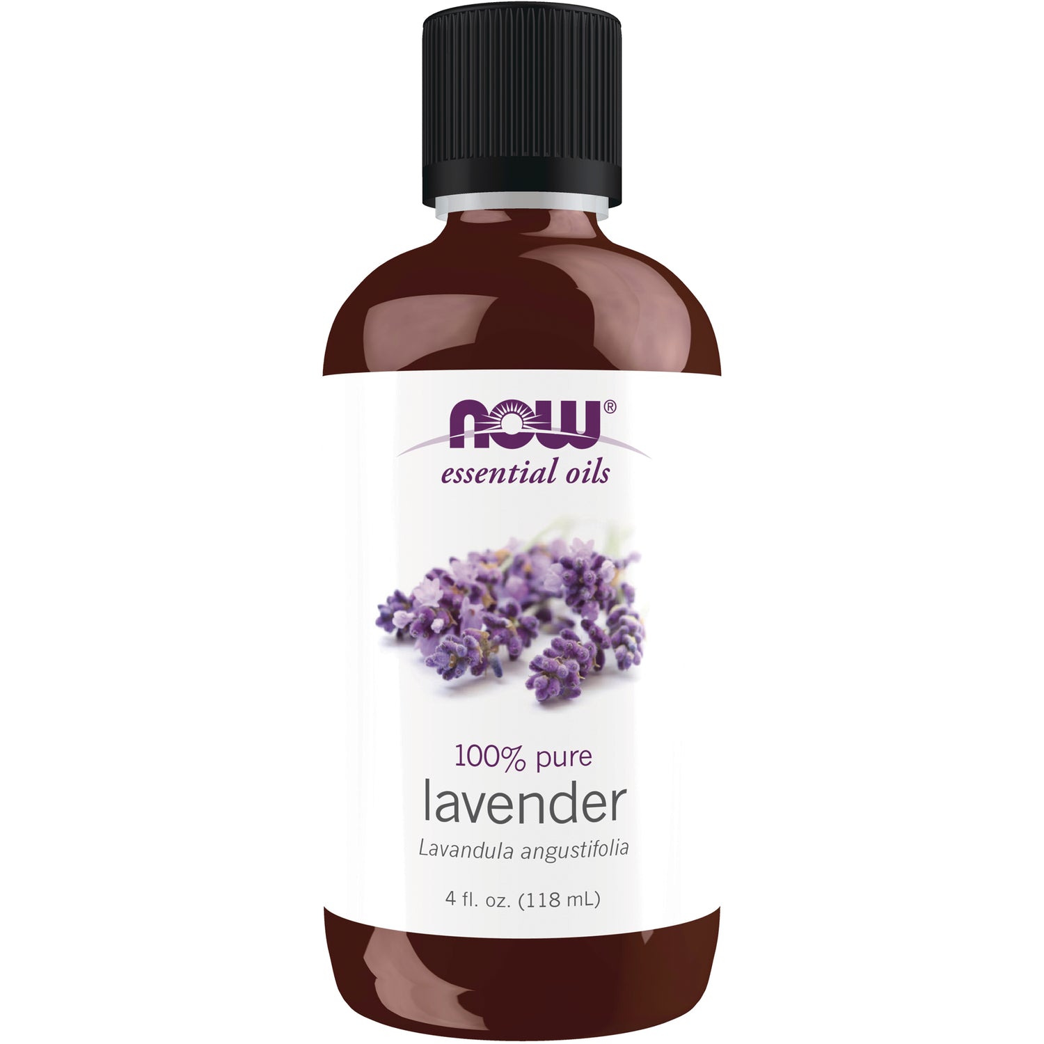 NWF132 | amber bottle of NOW essential oils lavender with 100% pure label and lavender flowers, 4 fl oz
