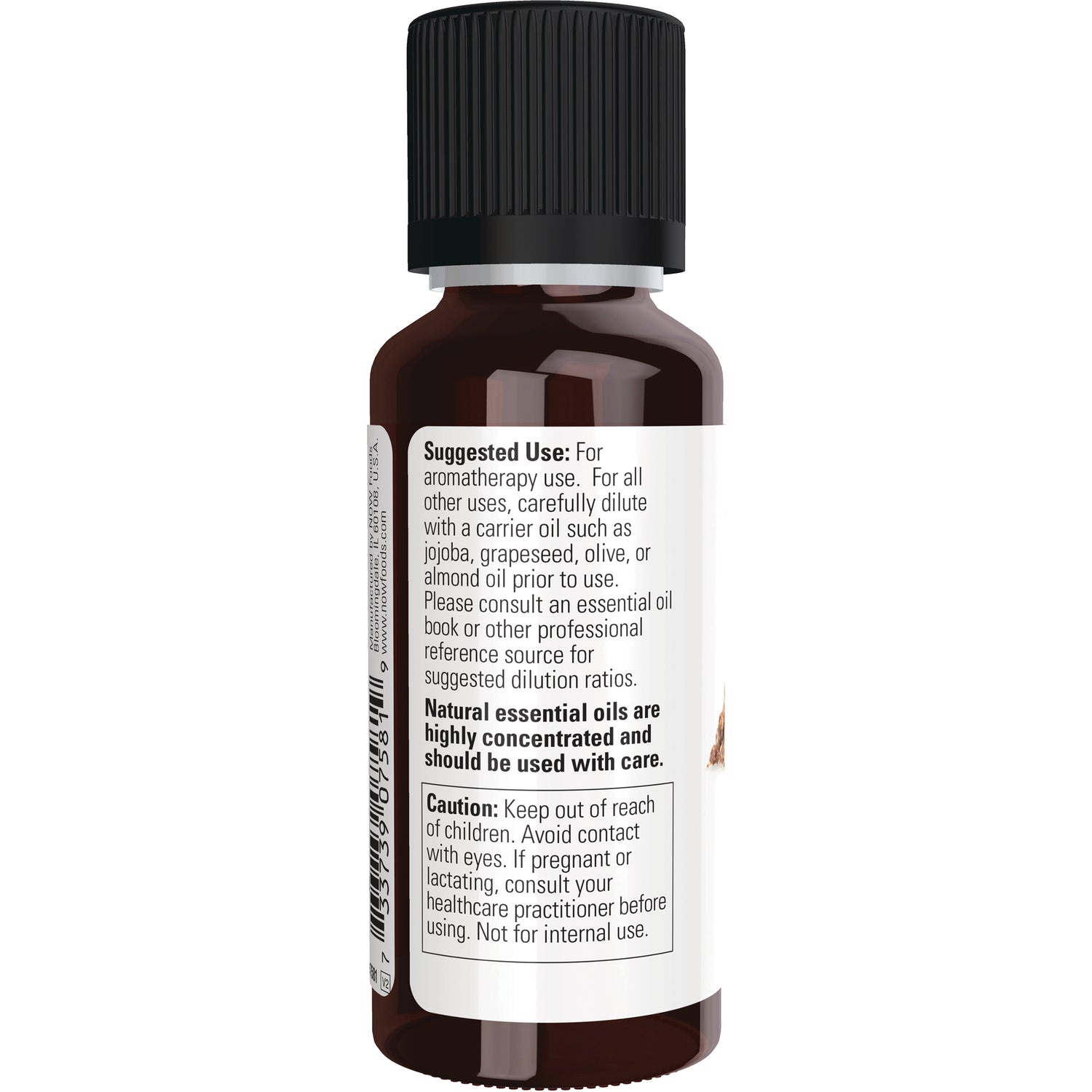 NWF623 | back label of amber essential oil bottle showing suggested use and caution text