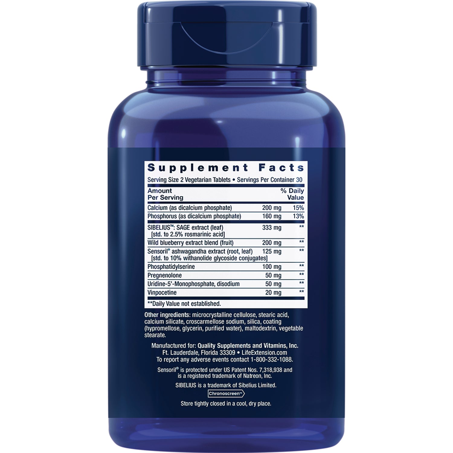 LE568 | Back of blue supplement bottle showing Supplement Facts panel and ingredient text