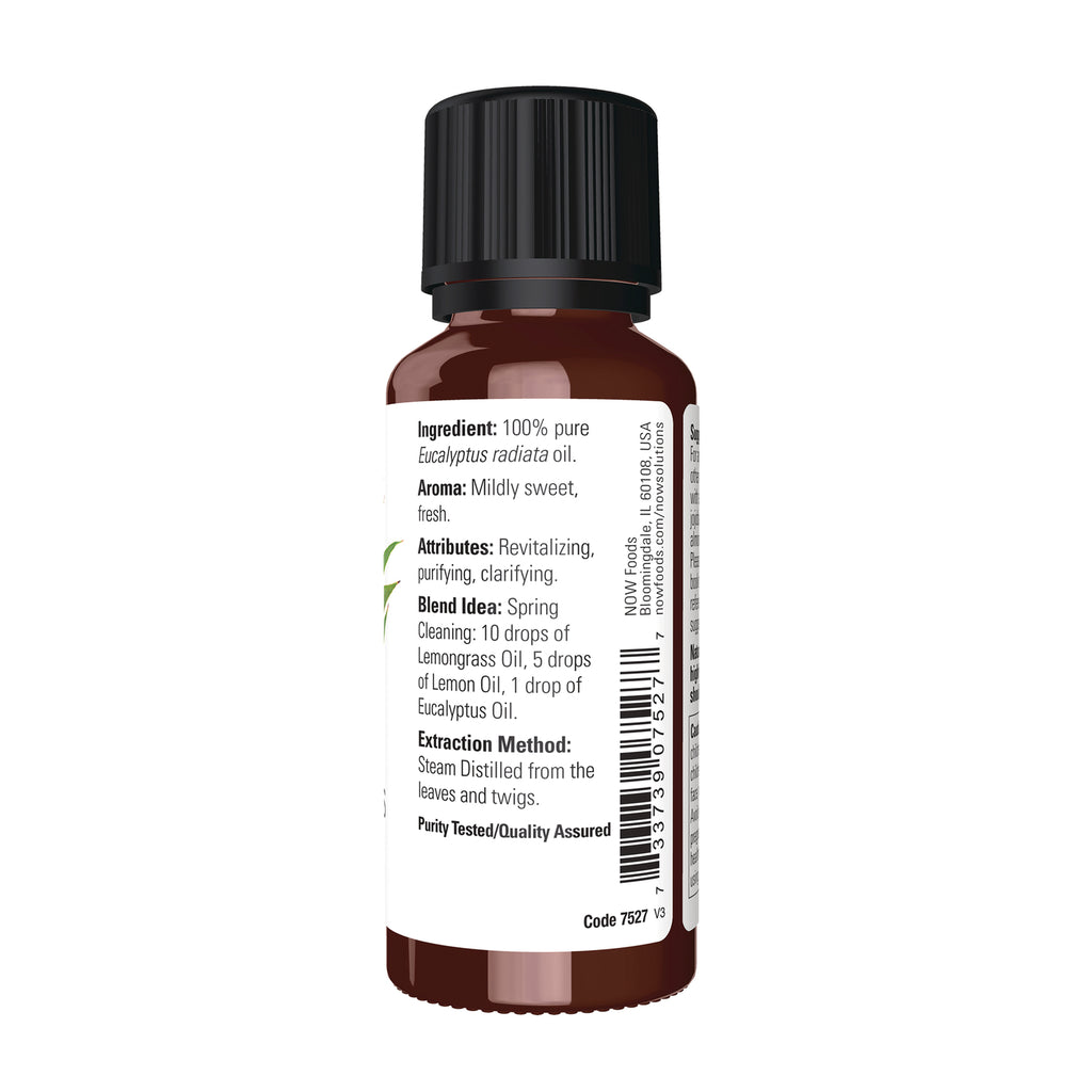NWF1401 | Back label of brown essential oil bottle showing ingredient Eucalyptus radiata, aroma, blend idea and barcode - Thumbnail