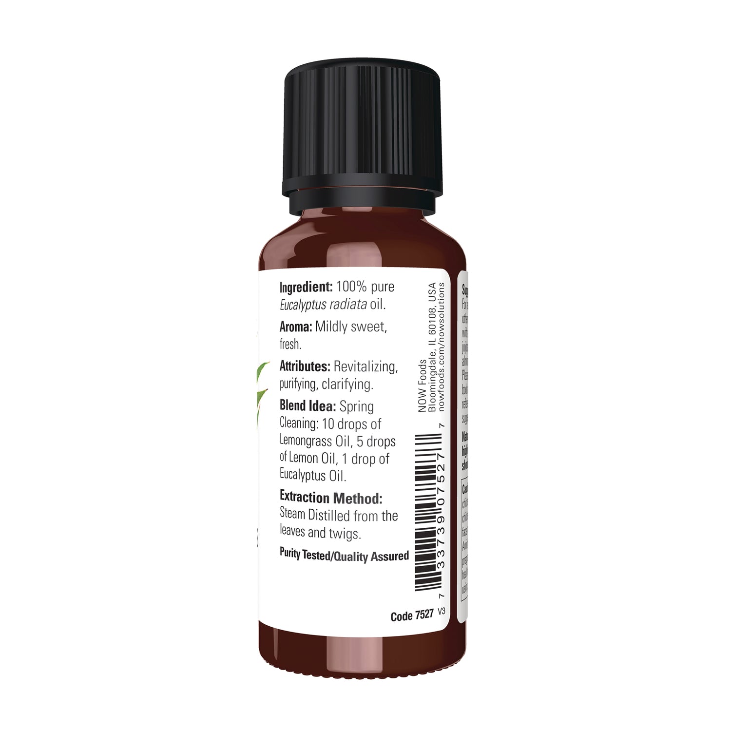 NWF1401 | Back label of brown essential oil bottle showing ingredient Eucalyptus radiata, aroma, blend idea and barcode