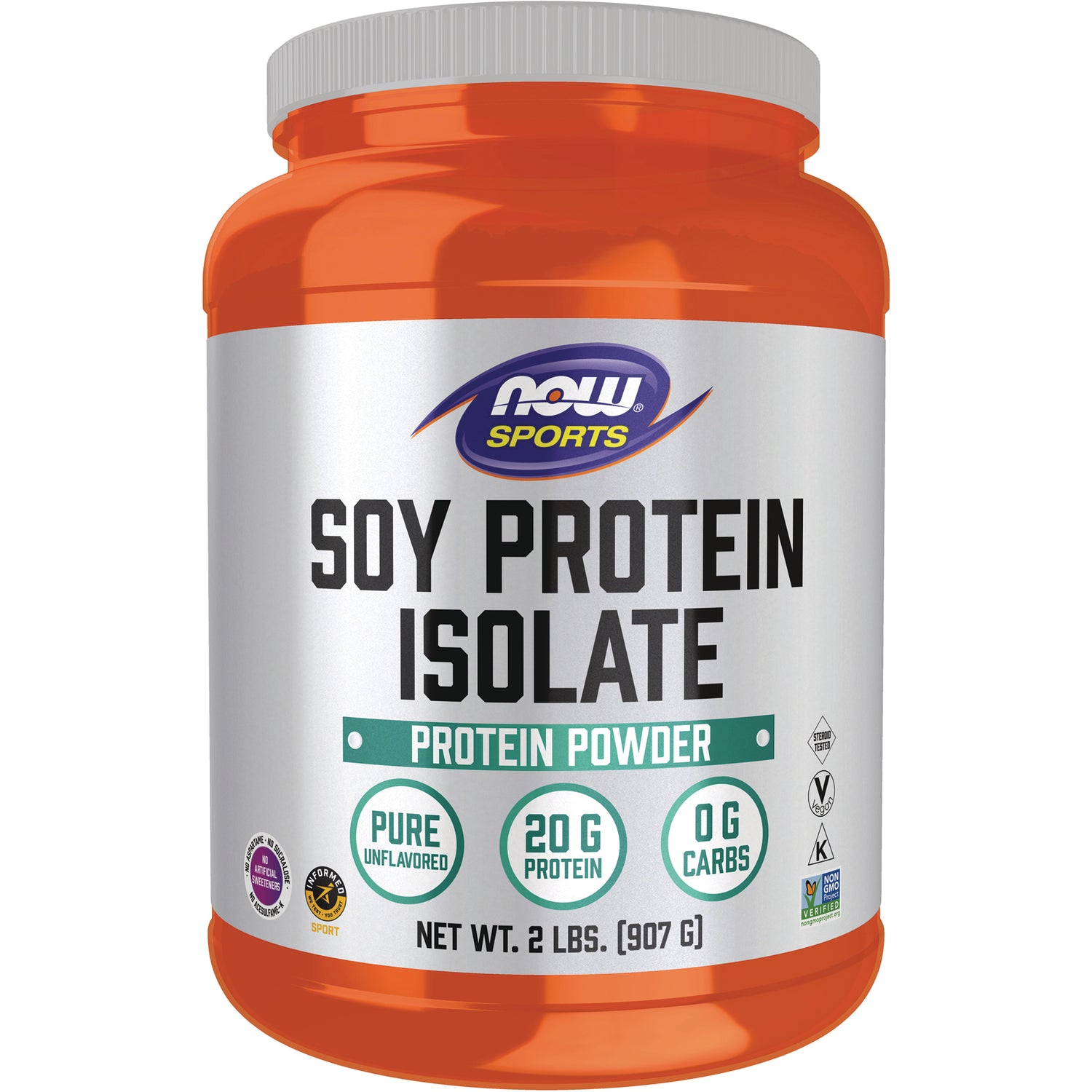 NWF910 | Orange tub of NOW Sports Soy Protein Isolate protein powder, 2 lb label showing 20 g protein and 0 g carbs
