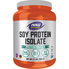 NWF910 | Orange tub of NOW Sports Soy Protein Isolate protein powder, 2 lb label showing 20 g protein and 0 g carbs