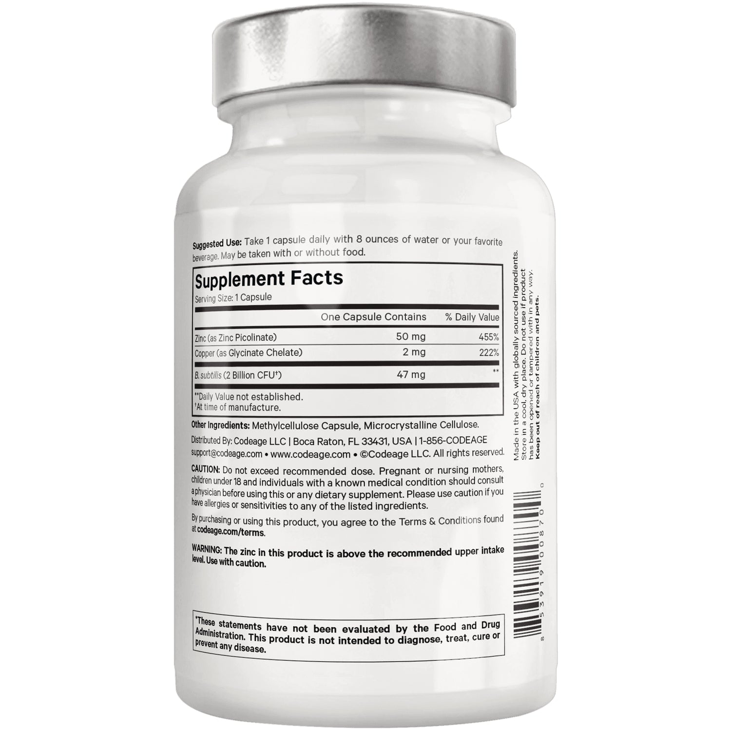 CDG050 | back of white supplement bottle showing Supplement Facts panel, ingredients and caution text