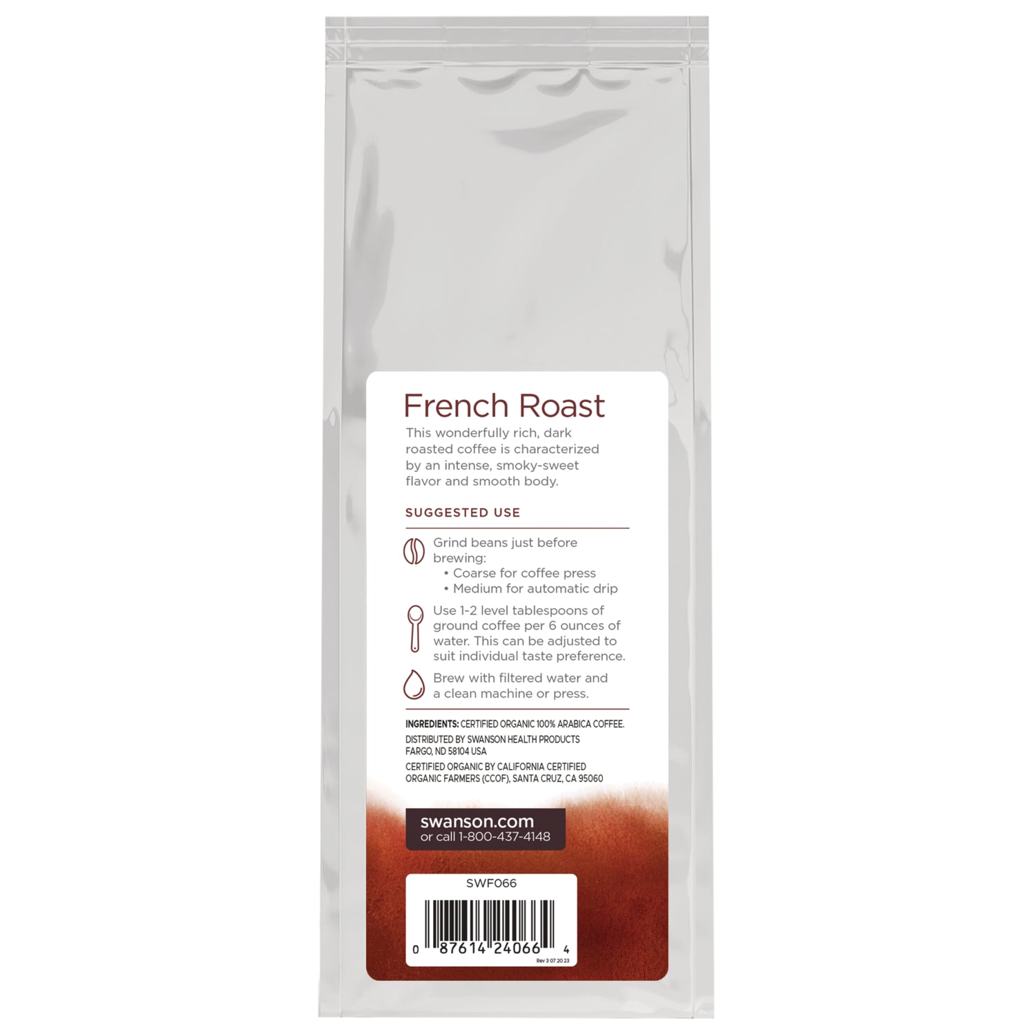 SWF066 | Back of coffee bag showing French Roast suggested use and ingredients with barcode