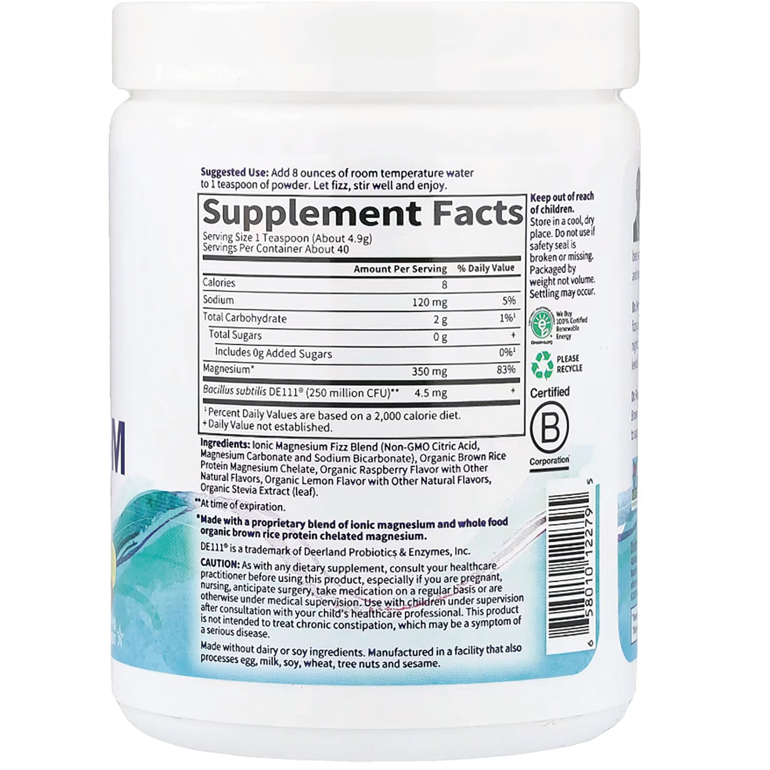GLF250 | back of white supplement jar showing Supplement Facts panel, ingredients and barcode