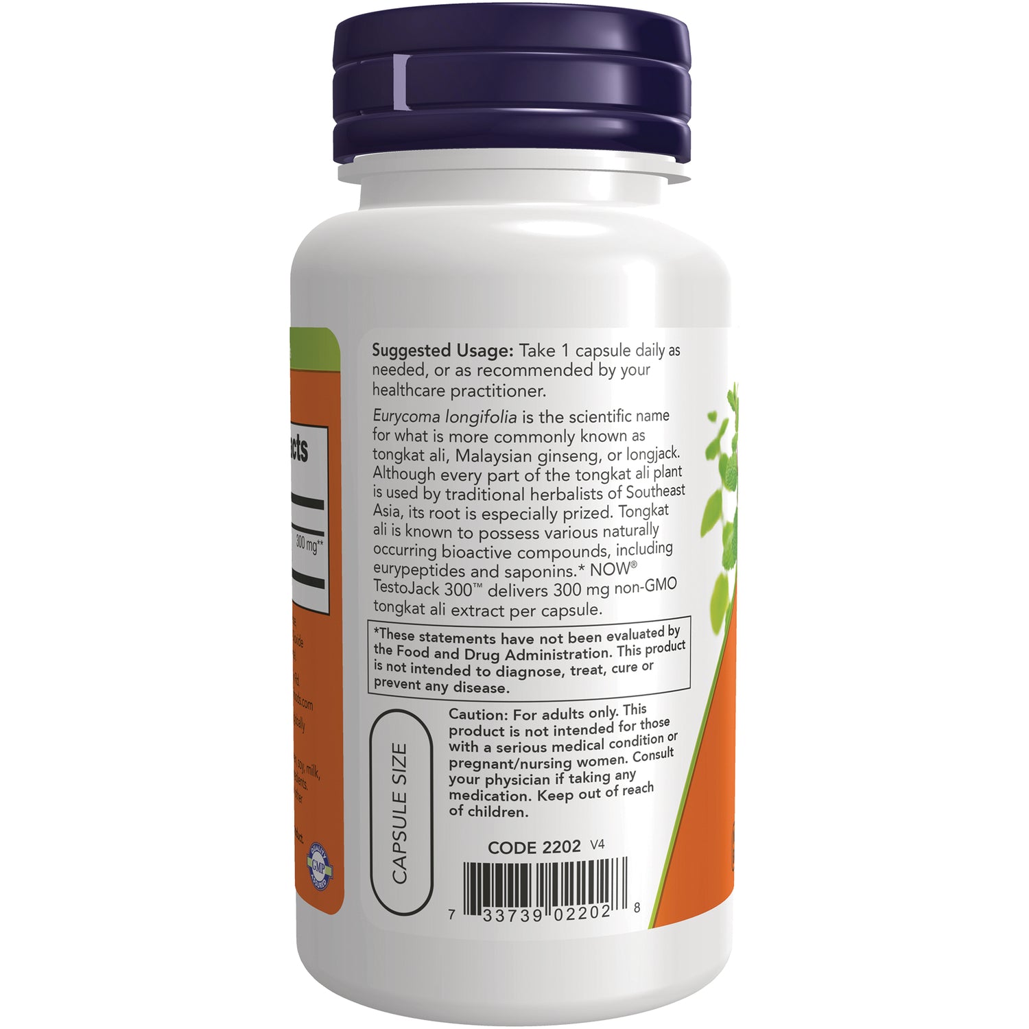 NWF1429 | Back of white supplement bottle showing suggested usage, caution text, capsule size oval, and barcode