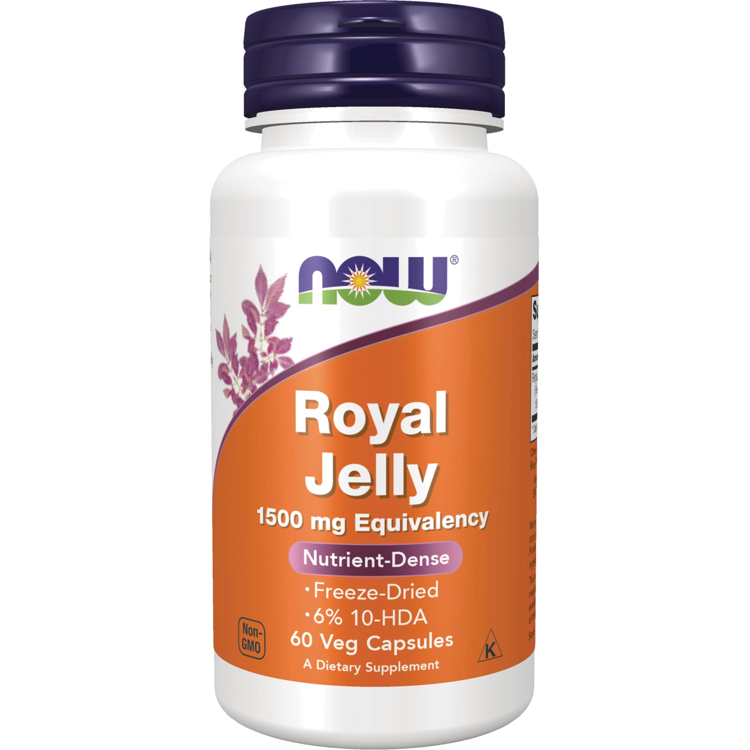 NWF845 | NOW Royal Jelly 1500 mg Equivalency white bottle with orange label, 60 Veg Capsules