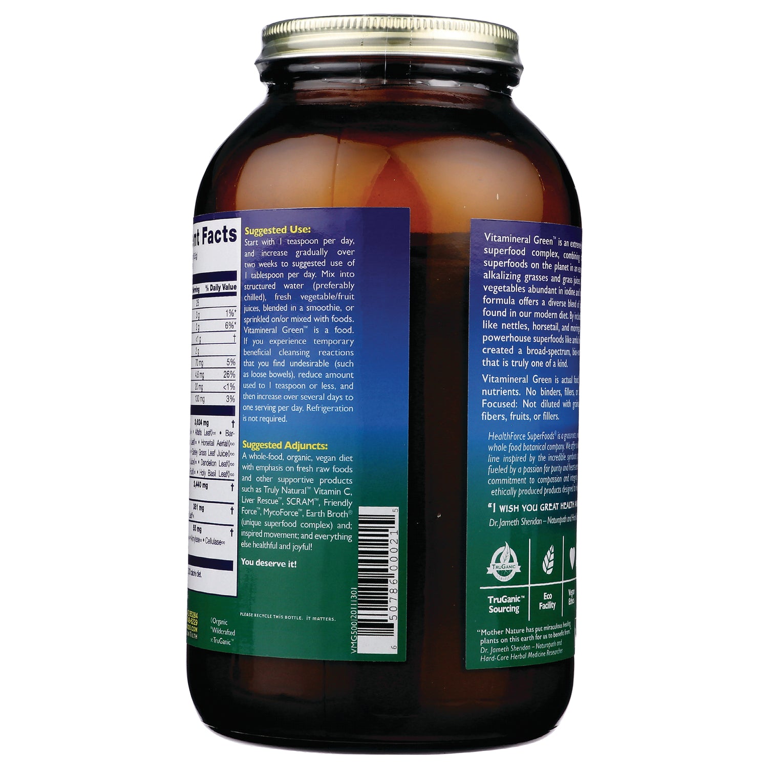 HFC009 | Back label of amber supplement jar showing Suggested Use panel, nutrition facts, and barcode