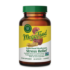 MGF138 | MegaFood Superfood Mushroom Stress Relief bottle, front label showing 60 capsules 30 servings
