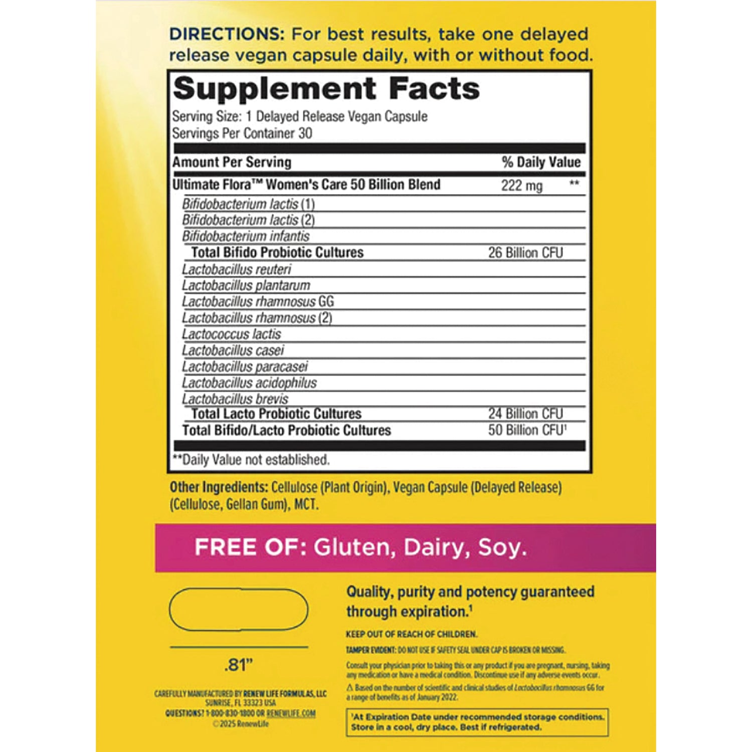 RNL234 | Supplement Facts panel showing probiotic strains, serving size, and Free of: Gluten, Dairy, Soy banner
