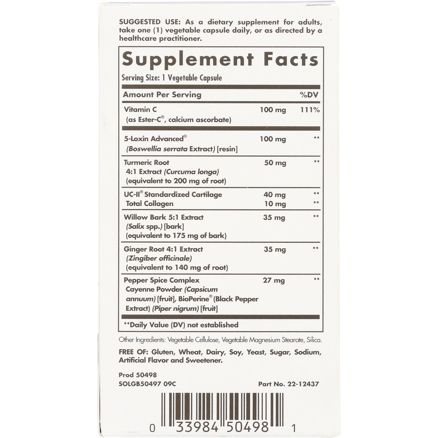 Supplement Facts panel on product back showing serving size, ingredient list and amounts with barcode at bottom
