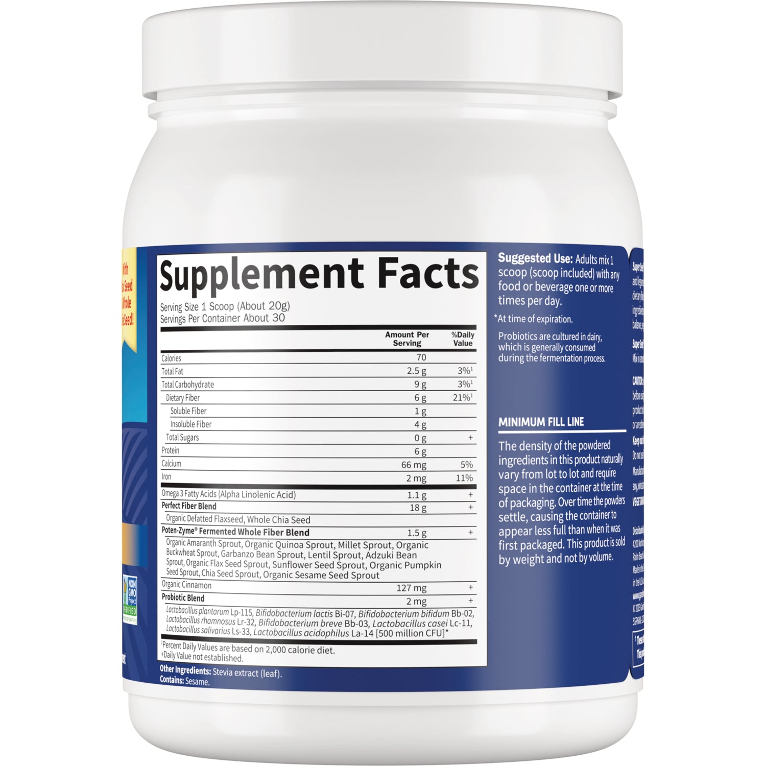 GLF016 | Back of white supplement jar showing Supplement Facts panel, nutrition table, suggested use and minimum fill line