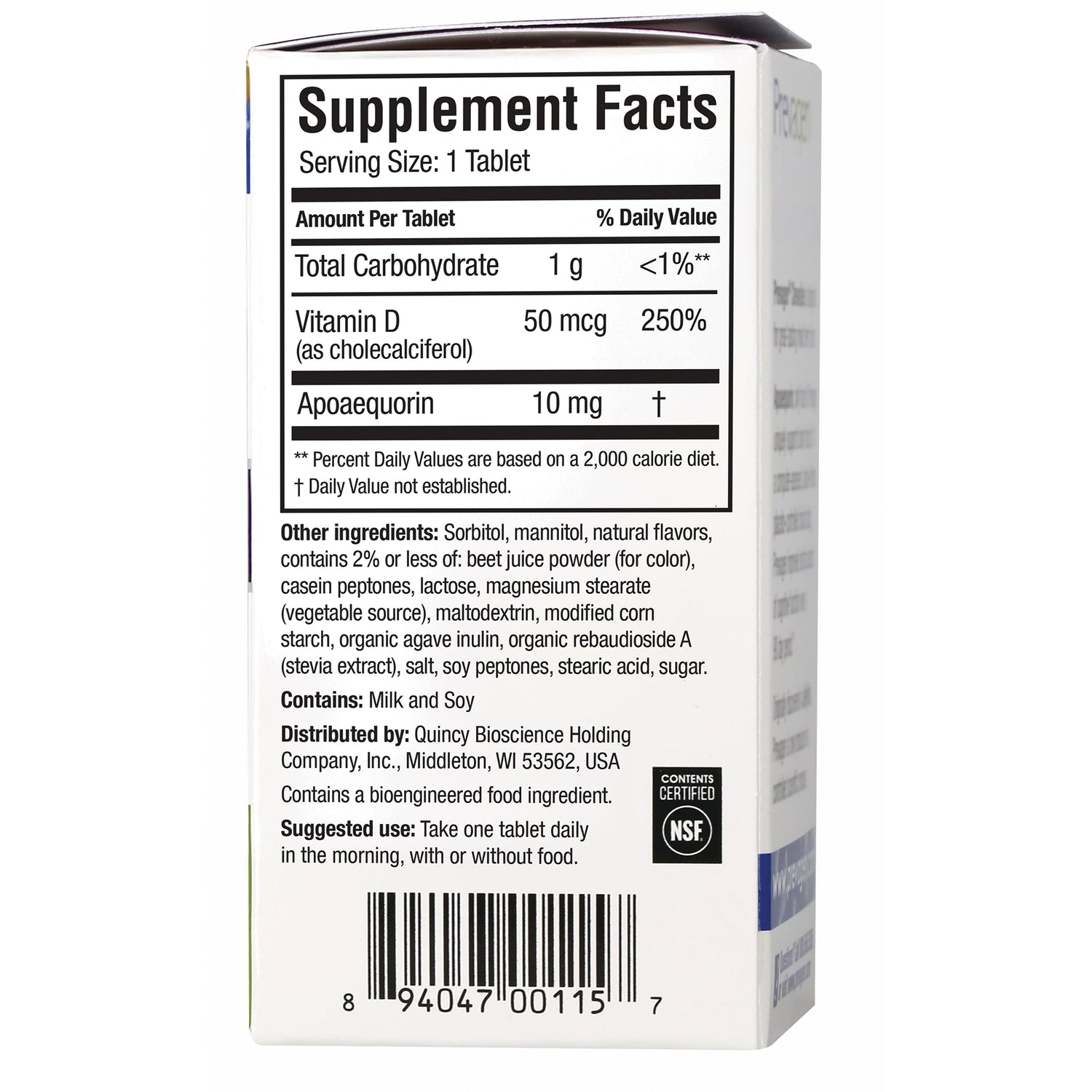 QB004 | Back panel showing Supplement Facts, ingredients, barcode and suggested use