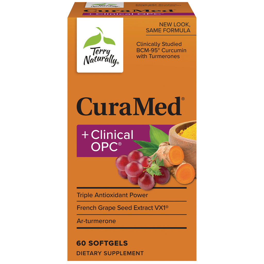 EUR032 | CuraMed + Clinical OPC supplement box showing grapes and turmeric, 60 softgels - Thumbnail