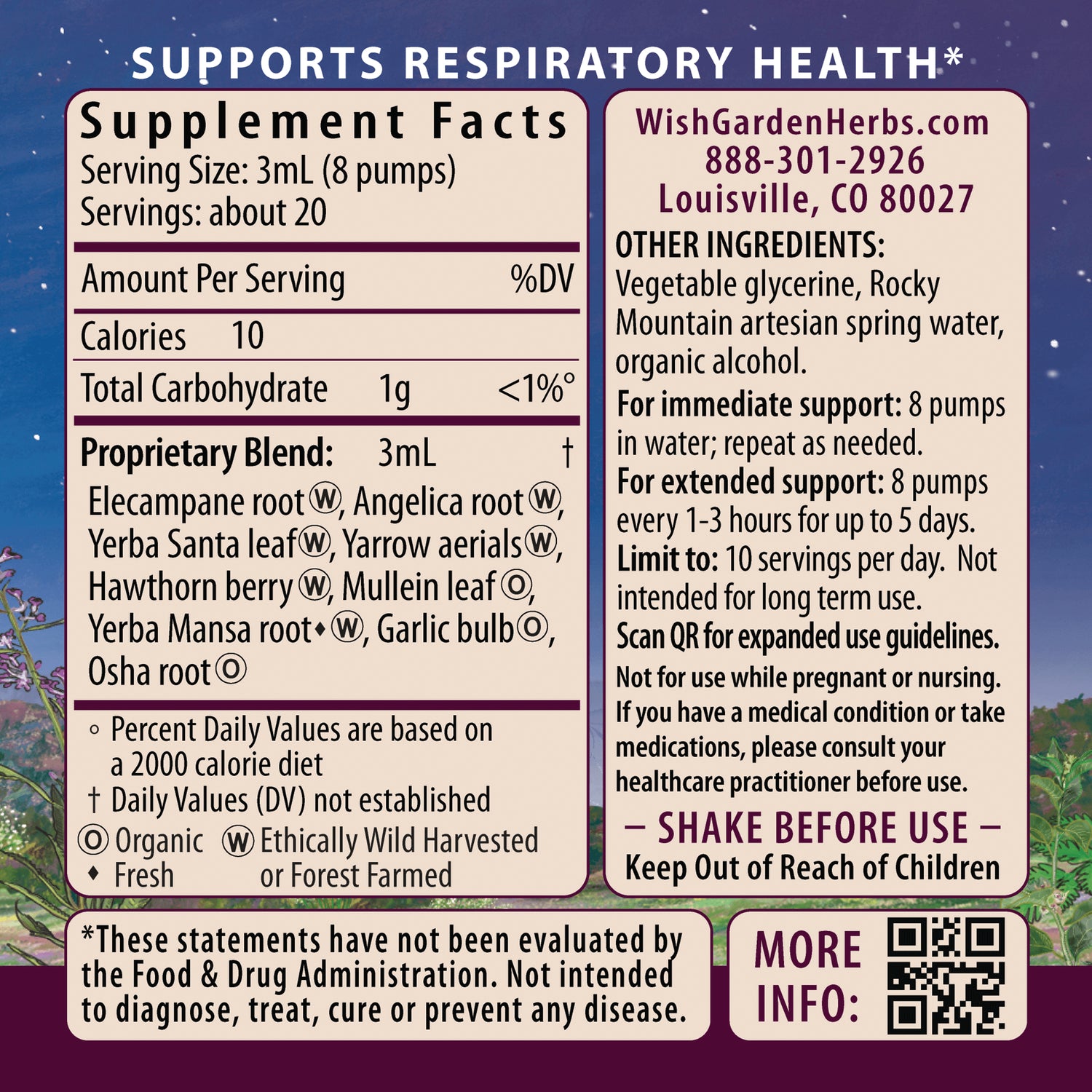 WGH002 | Back label with Supplement Facts and ingredients; header reads Supports Respiratory Health*