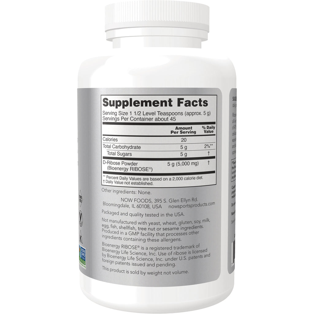 NWF220 | Back label with Supplement Facts showing D-Ribose Powder 5 g and serving size 1 1/2 level teaspoons - Thumbnail