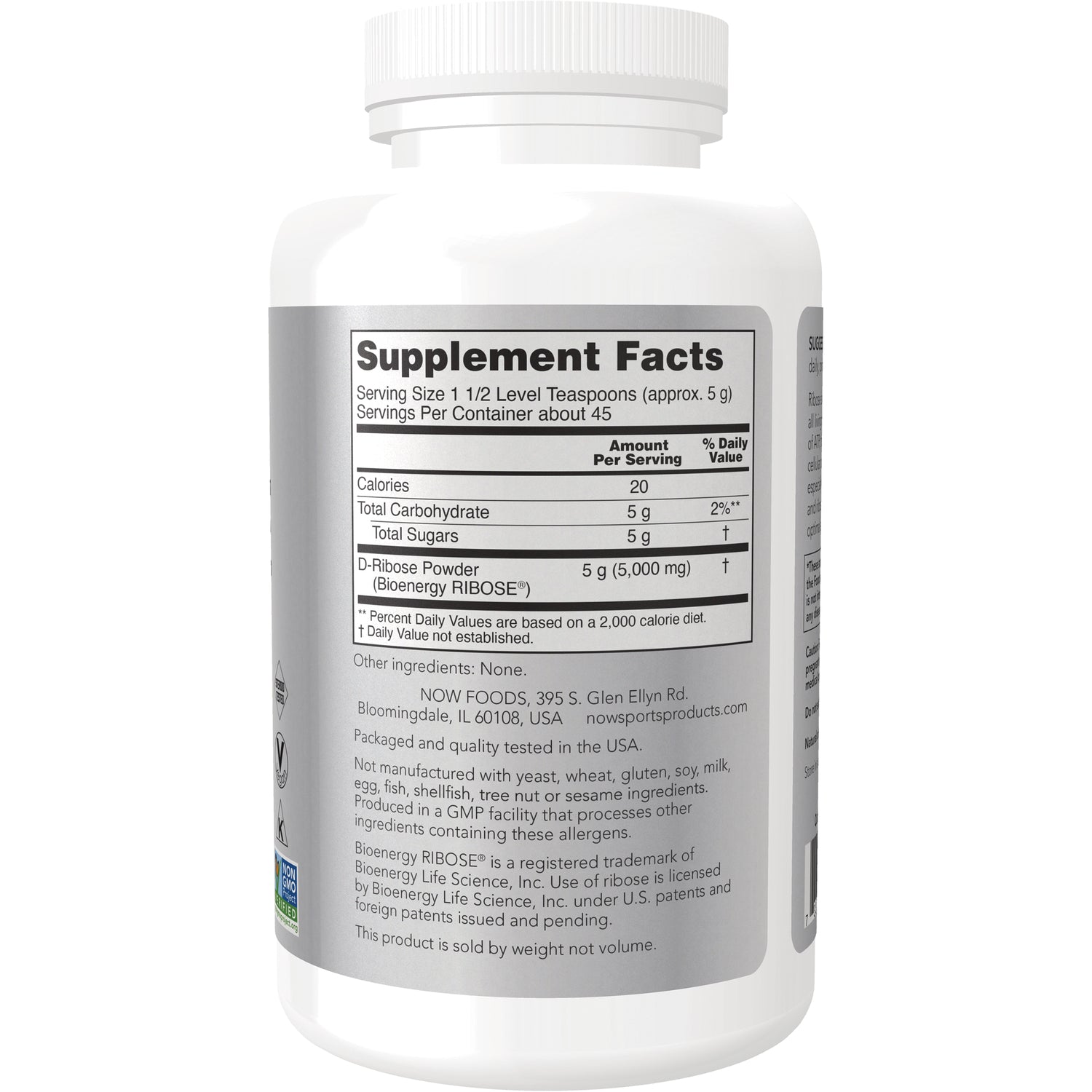 NWF220 | Back label with Supplement Facts showing D-Ribose Powder 5 g and serving size 1 1/2 level teaspoons
