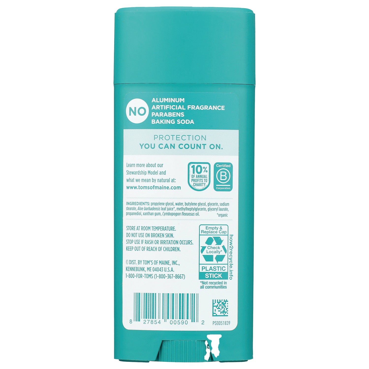 TSM099 | Back of Tom's of Maine deodorant stick showing ingredients, NO aluminum claim, and 'Protection you can count on'
