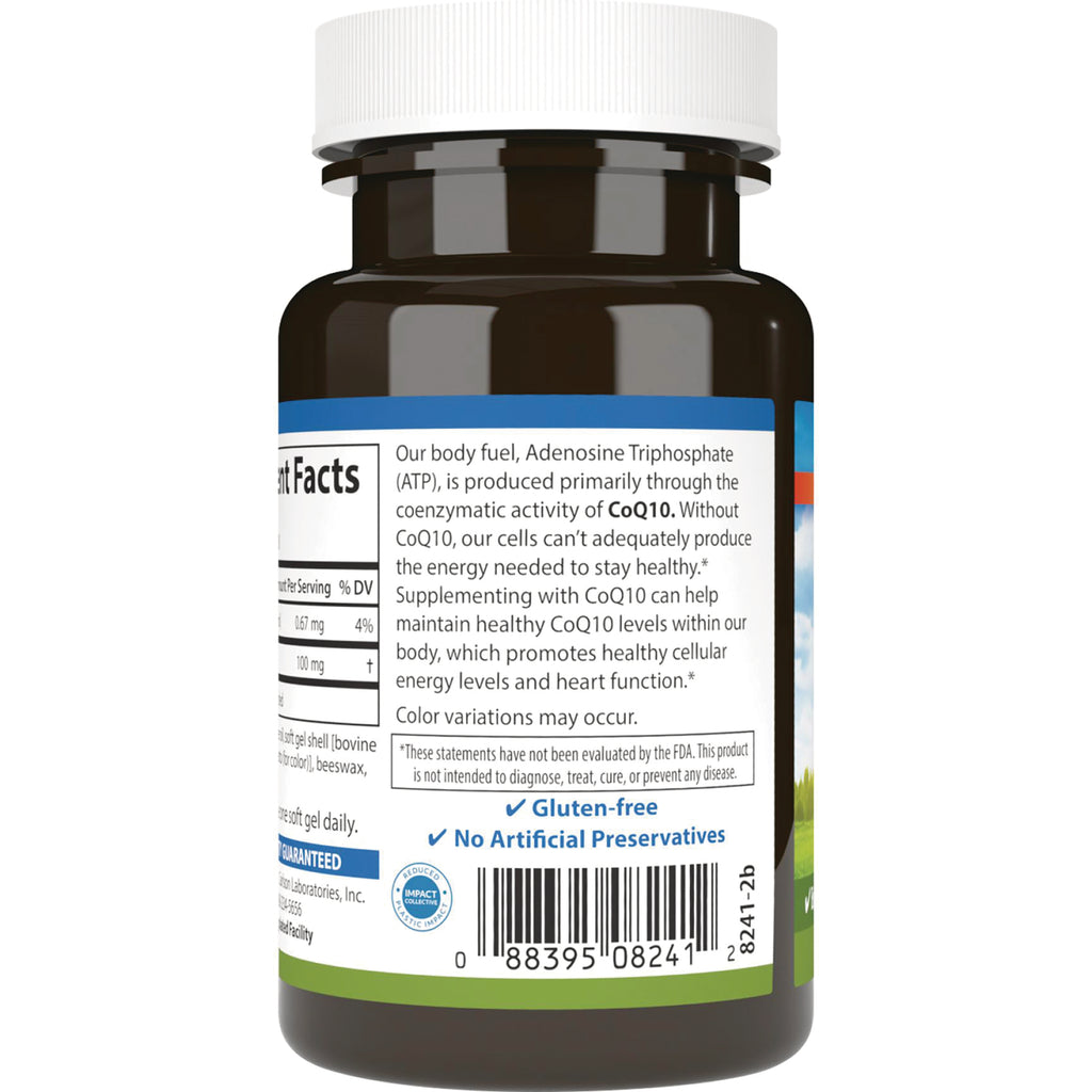 CSN048 | Back label of brown supplement bottle showing facts and CoQ10 description, gluten-free and no artificial preservatives text and barcode - Thumbnail