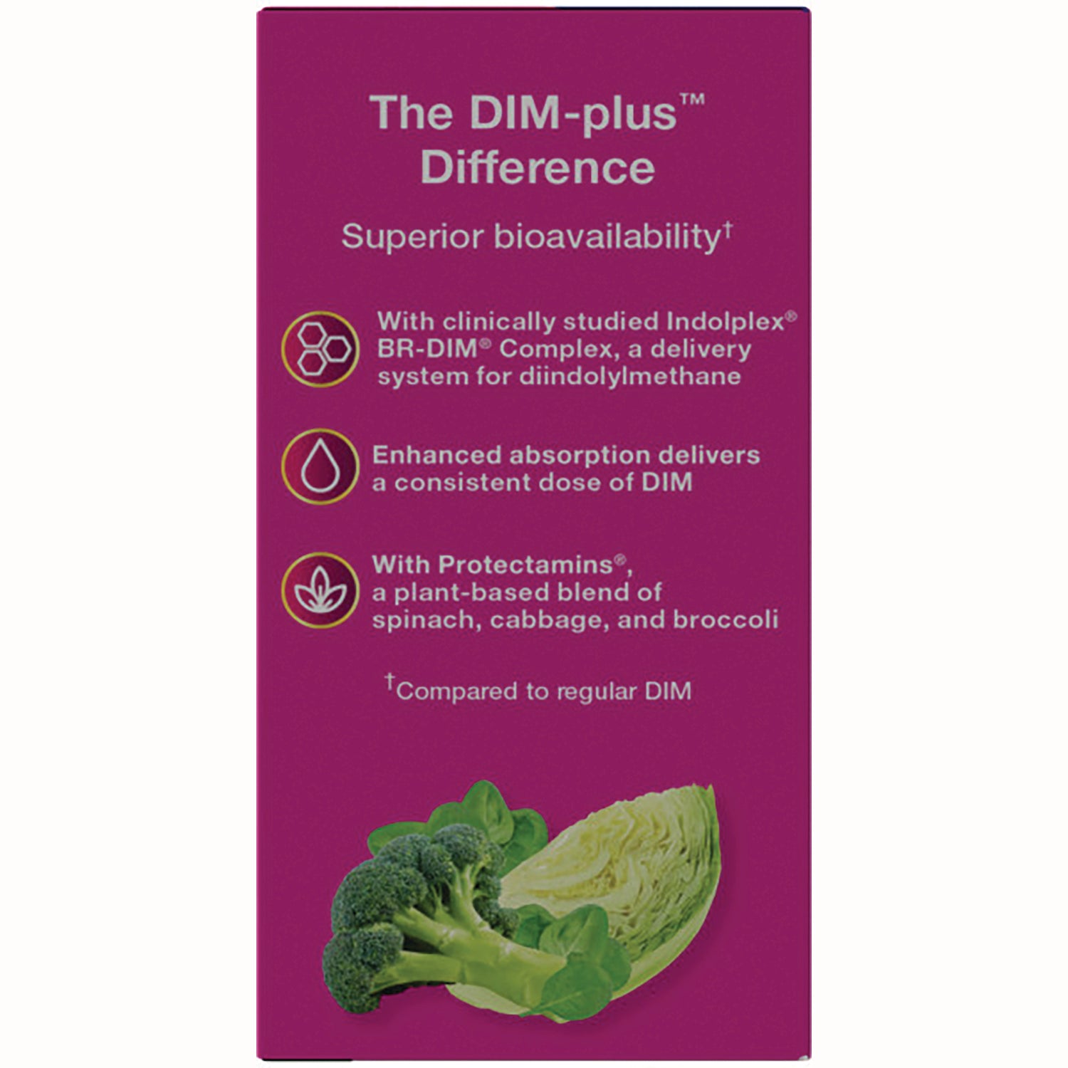 NW556 | Back panel showing DIM-plus benefits text and broccoli and cabbage illustration