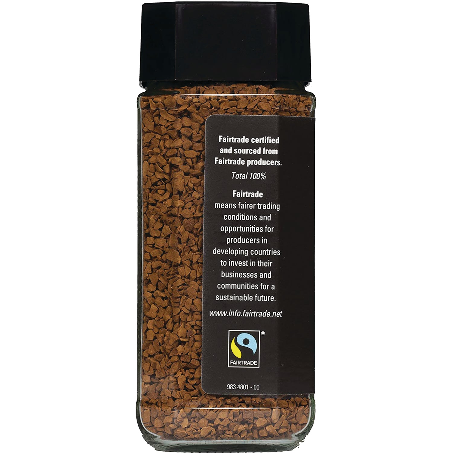 MTH004 | glass jar of instant coffee showing back label with Fairtrade text and logo