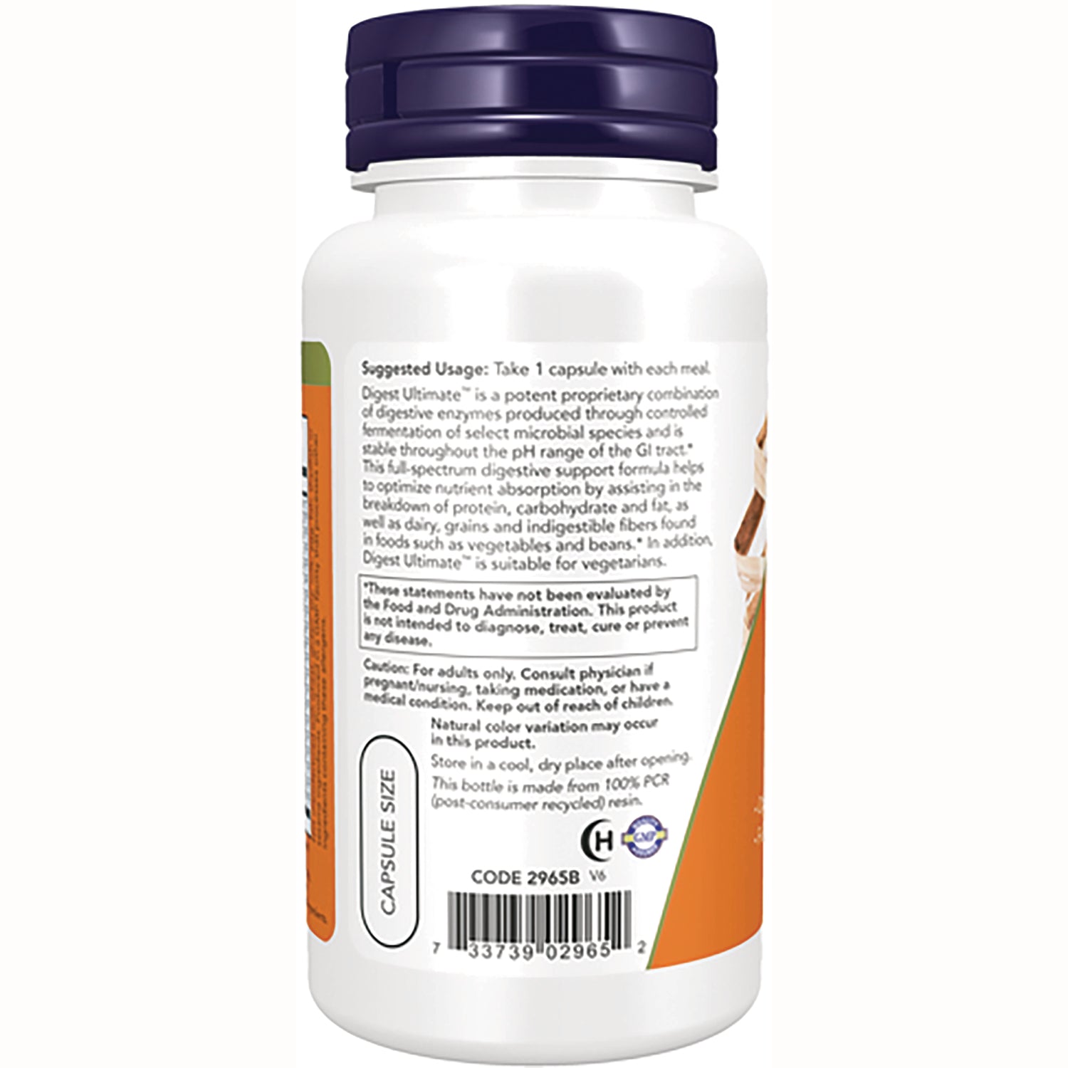NWF1072 | Back label of white supplement bottle showing suggested usage, cautions, and barcode