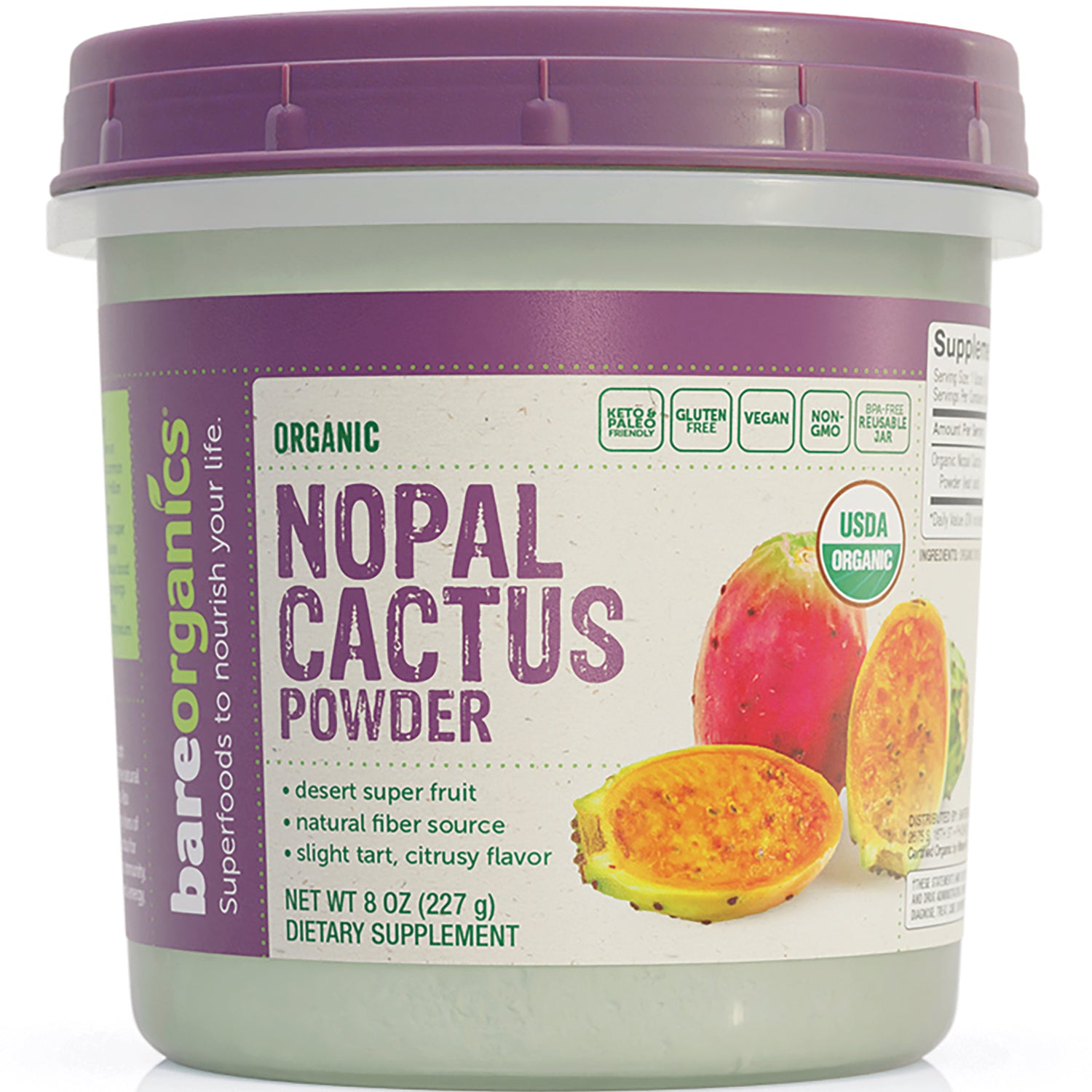 BOR062 | Front view of plastic jar labeled Organic Nopal Cactus Powder with prickly pear fruit illustration and net wt 8 oz