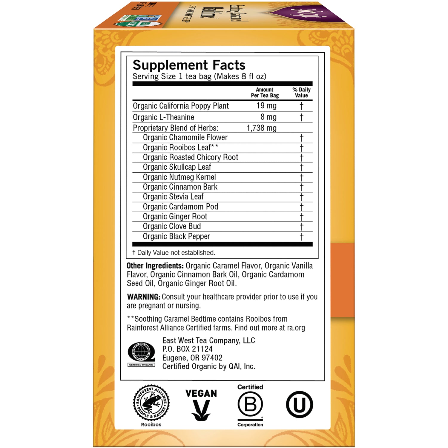 AHW054 | Back panel showing Supplement Facts, ingredient list and certifications including Vegan and Certified B Corp