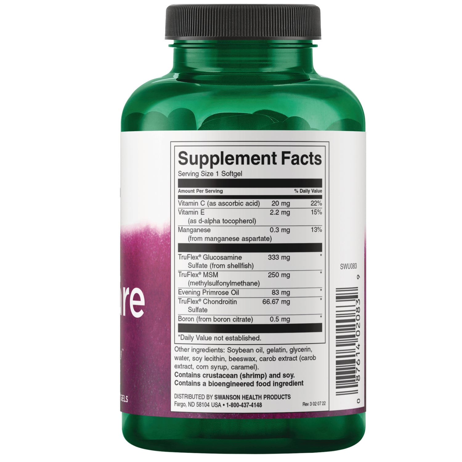 SWU083 | Back label of green supplement bottle with Supplement Facts panel and ingredients list