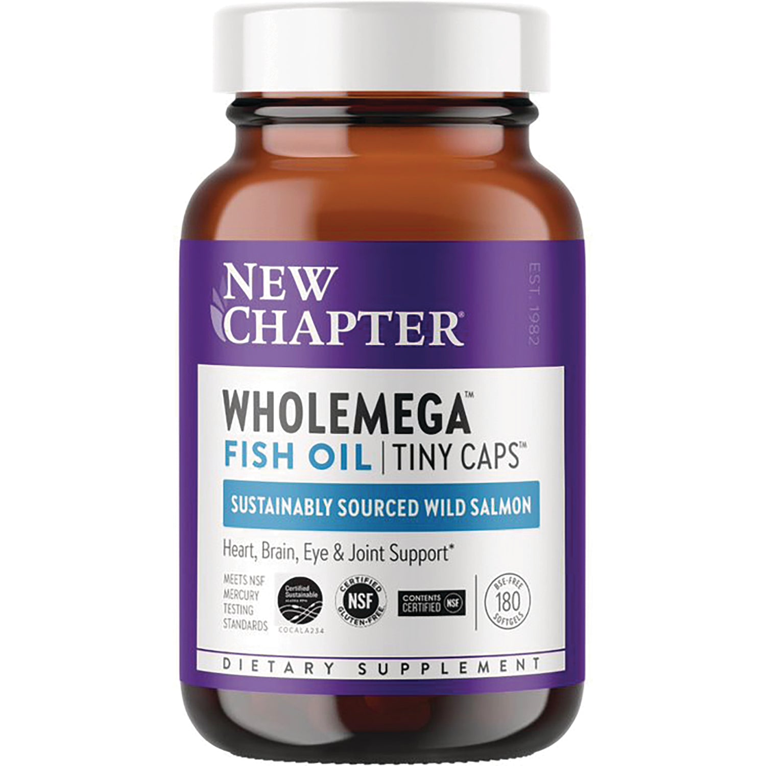 NWC317 | New Chapter Wholemega fish oil tiny caps brown bottle front label 180 softgels