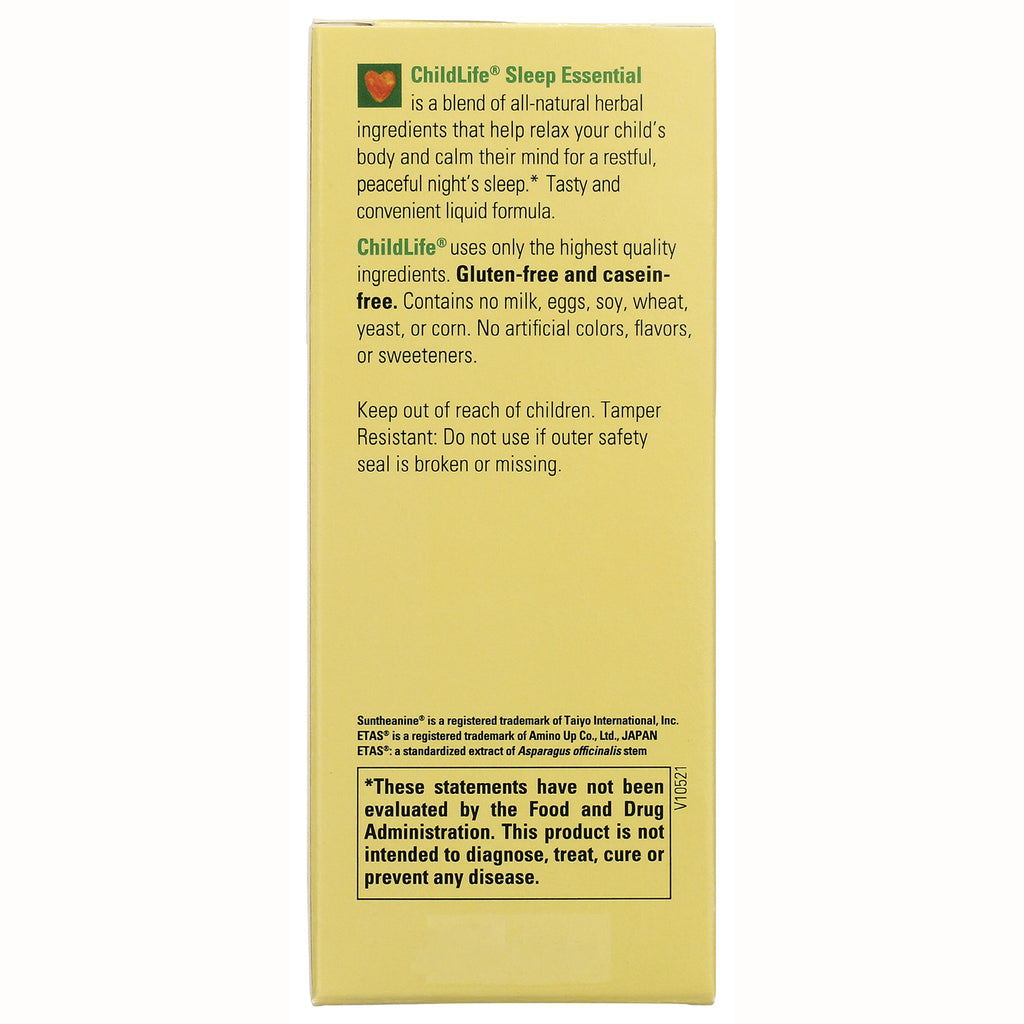 CHL023 | yellow box side labeled ChildLife Sleep Essential with product claims, gluten-free statement, warnings and FDA disclaimer - Thumbnail