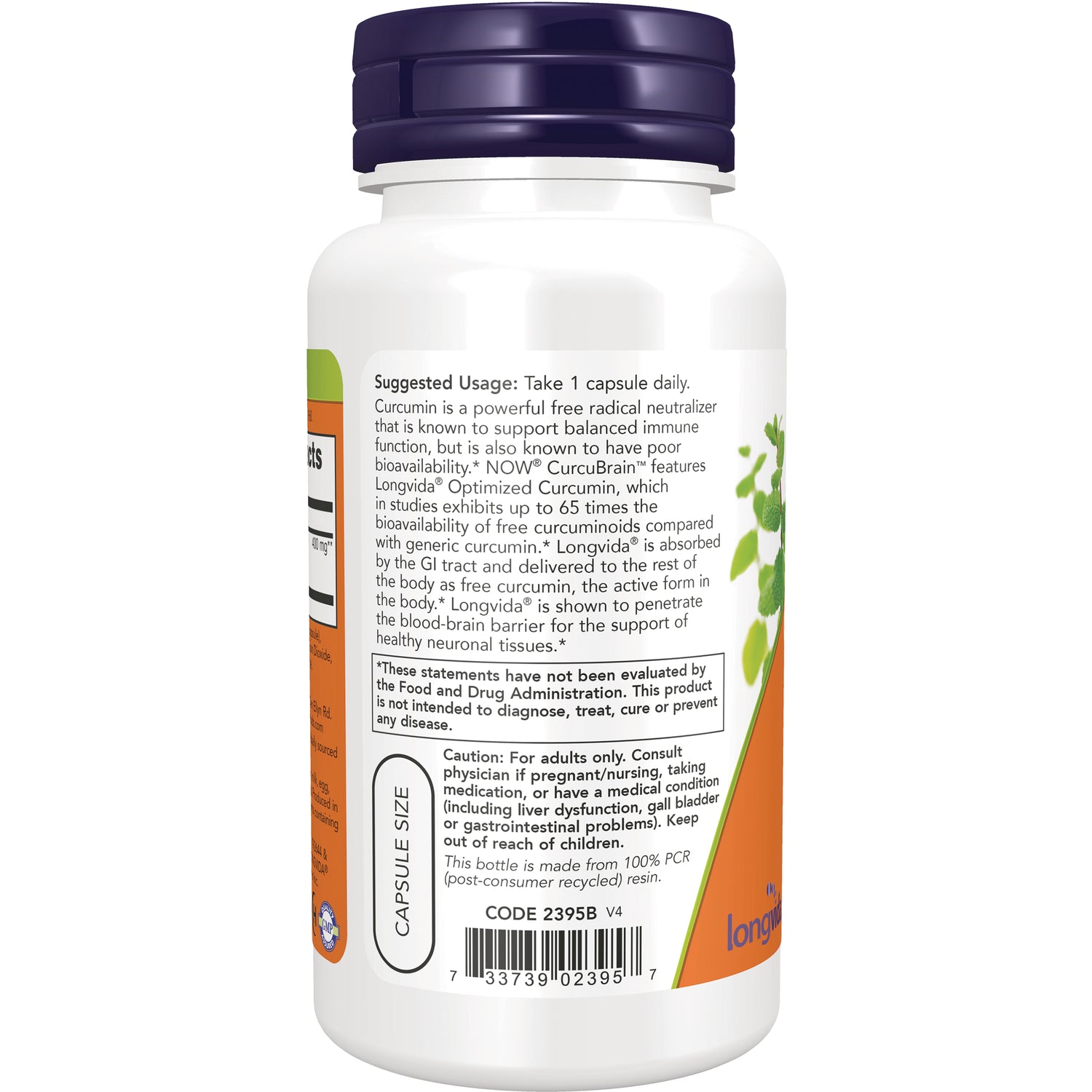 NWF1231 | Back label of white supplement bottle showing suggested usage, warnings, capsule size and barcode