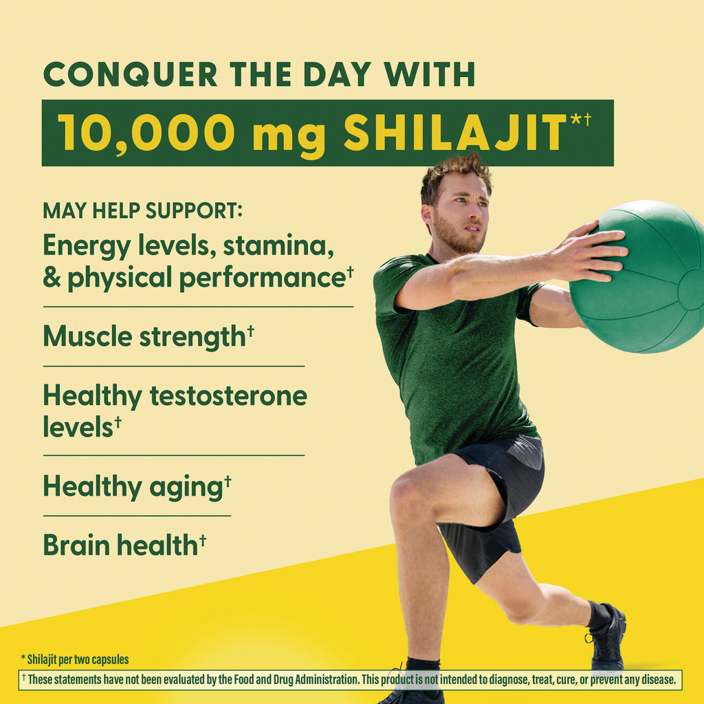 MGF149 | Product infographic showing 10,000 mg SHILAJIT, benefits list and man exercising with green medicine ball - Thumbnail