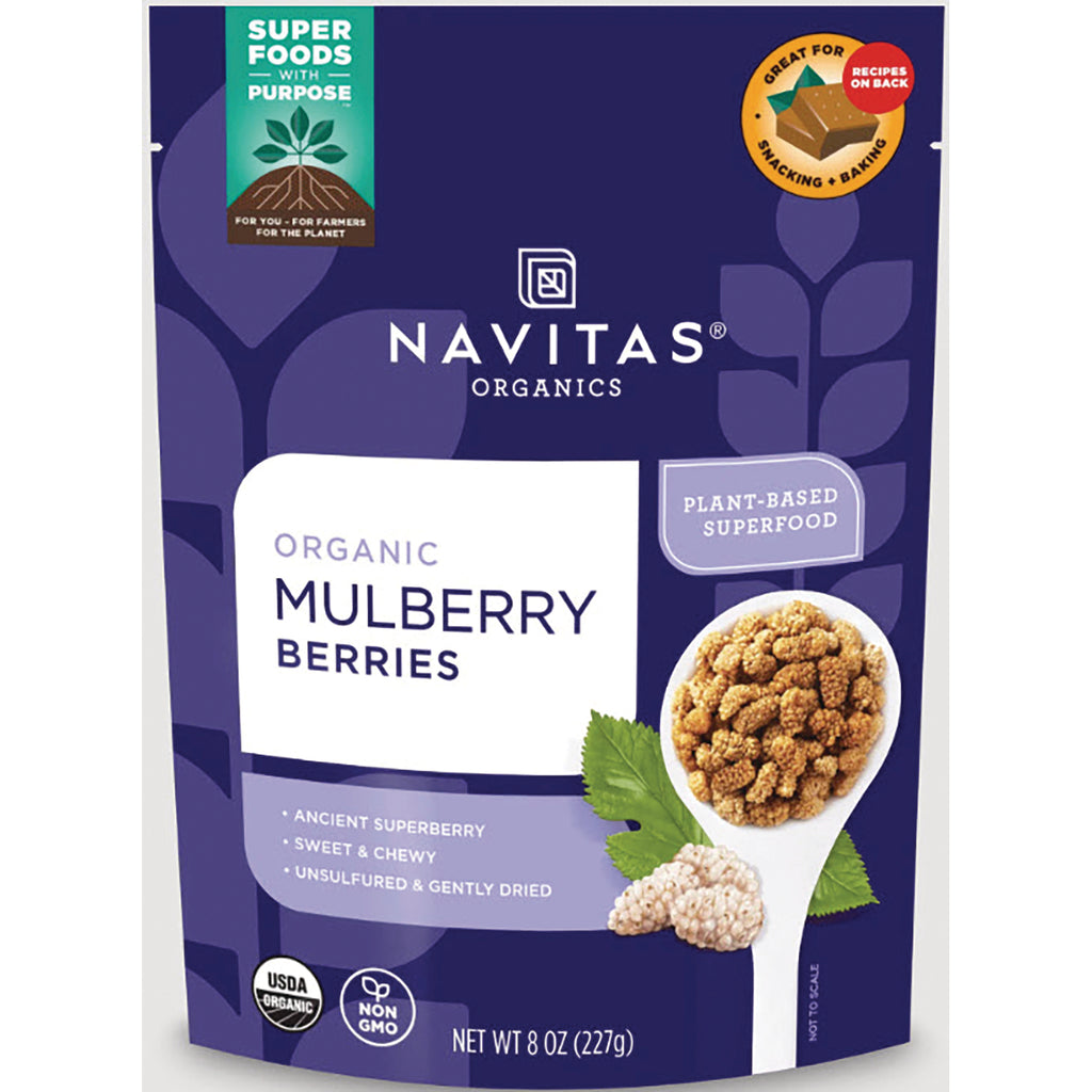 NAV012 | Navitas Organics pouch labeled Organic Mulberry Berries with spoon of dried berries and USDA Organic seal - Thumbnail
