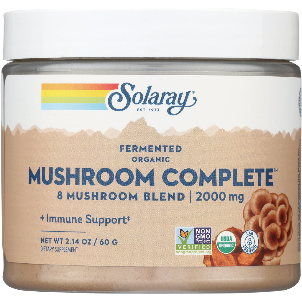 SLR458 | Solaray Mushroom Complete 8 mushroom blend 2000 mg powder supplement jar front label - Thumbnail