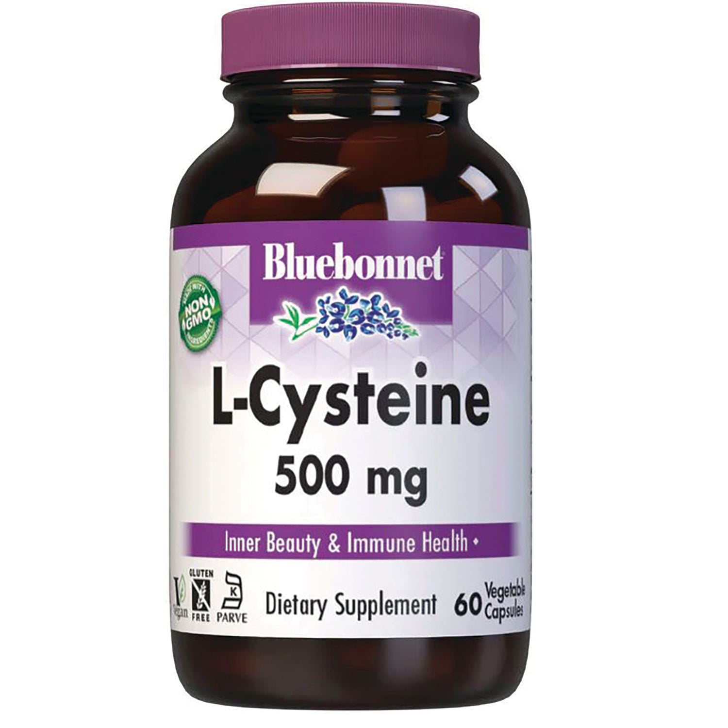 BLU084 | Bluebonnet L-Cysteine 500 mg dietary supplement bottle, 60 vegetable capsules, front view