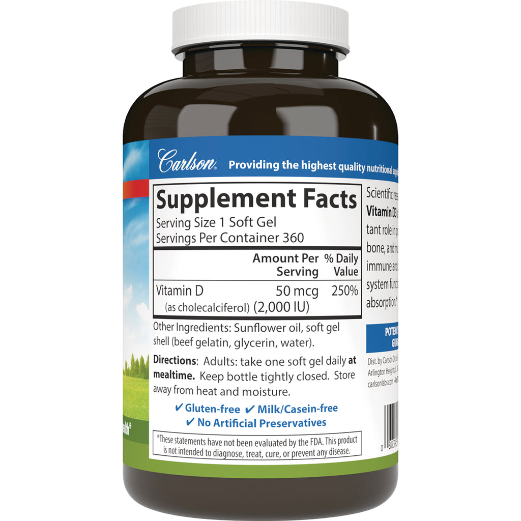 CSN026 | Back label showing Supplement Facts for Vitamin D 50 mcg (2,000 IU), directions, ingredients, and product claims - Thumbnail