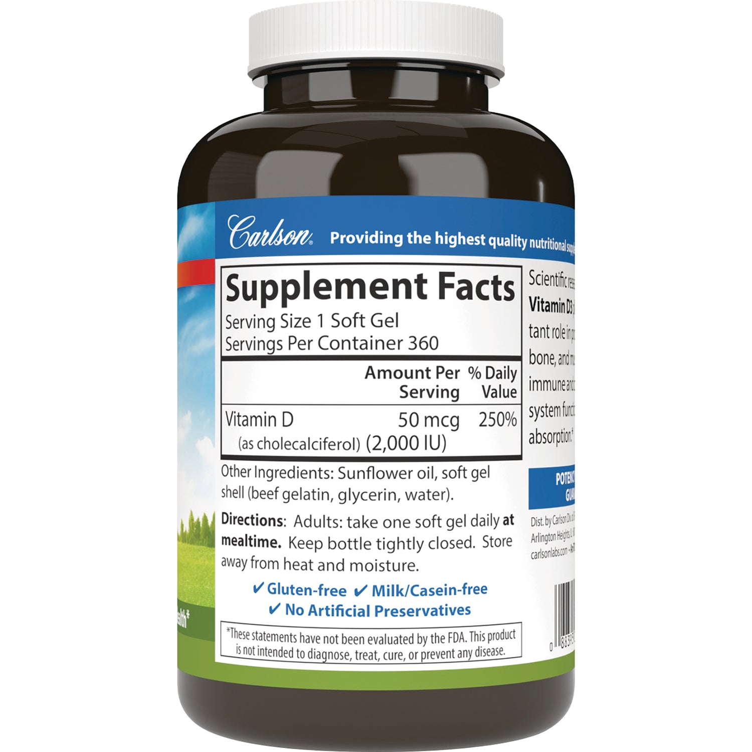 CSN026 | Back label showing Supplement Facts for Vitamin D 50 mcg (2,000 IU), directions, ingredients, and product claims