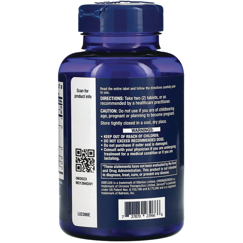 LE564 | Back label of blue supplement bottle showing directions, warnings, QR code, and barcode - Thumbnail