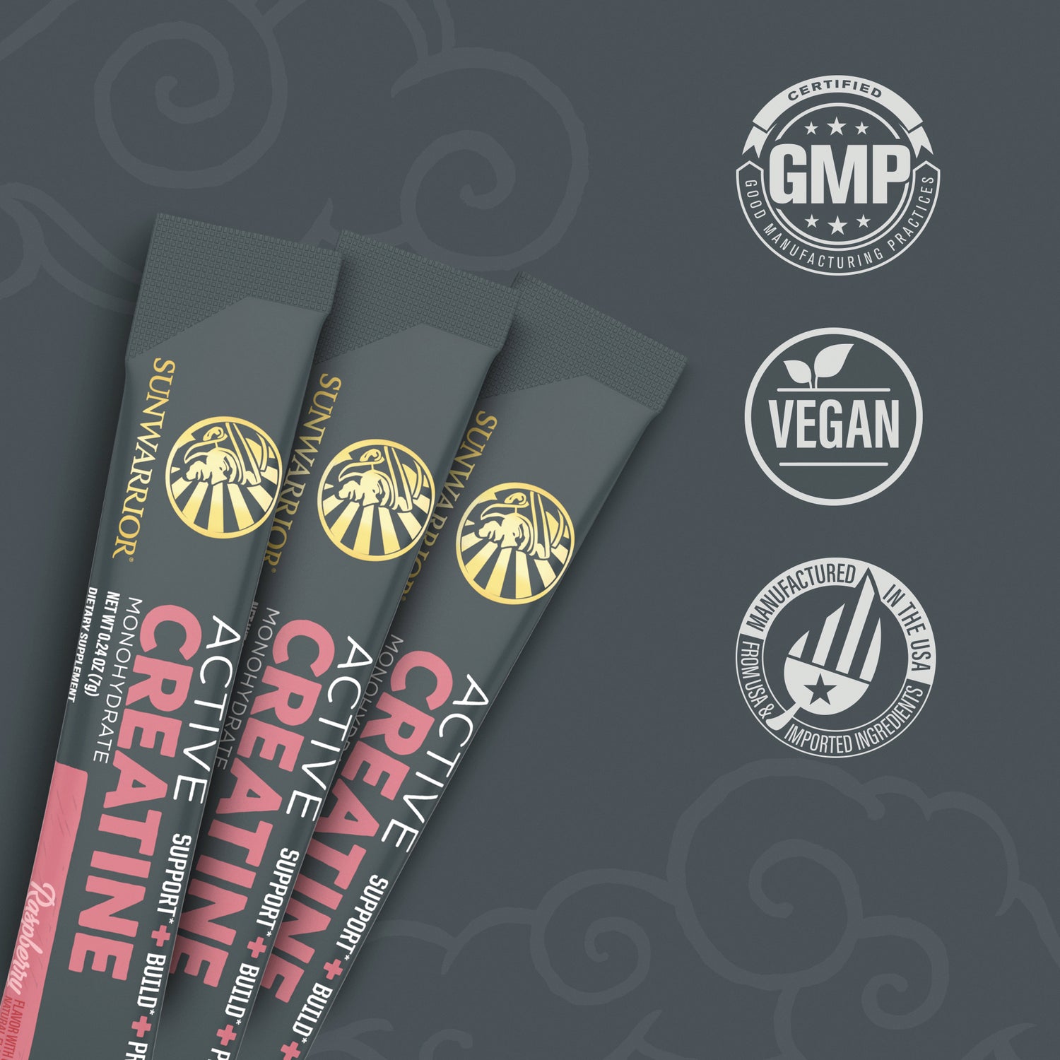 SNW066 | Sunwarrior Active Creatine sticks with GMP Certified, Vegan, and Manufactured in the USA badges