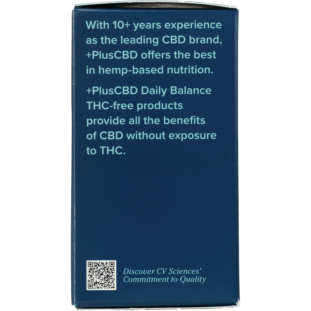 CV048 | side panel text stating PlusCBD Daily Balance THC-free products provide CBD benefits without exposure to THC and a QR code - Thumbnail